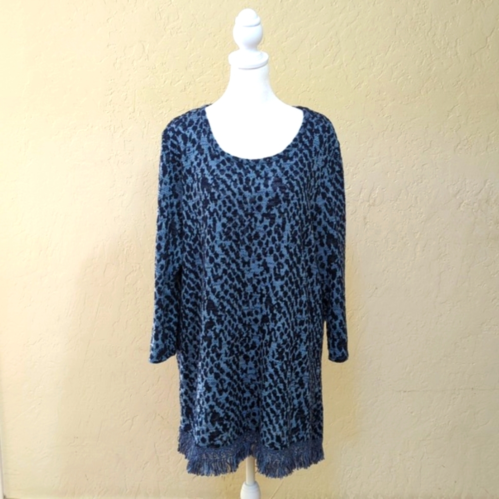 Style & Co Blue Scoop Neck Animal Print Fringed Tunic Sweater Size XXL - Picture 2 of 8